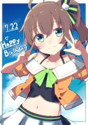 Rule 34 | 1girl, absurdres, ahoge, bare shoulders, black camisole, blush, brown hair, camisole, cat hair ornament, closed mouth, collarbone, commentary request, dated, day, double w, green eyes, hair between eyes, hair ornament, hands up, happy birthday, highres, hololive, jacket, looking at viewer, natsuiro matsuri, natsuiro matsuri (1st costume), navel, off-shoulder jacket, off shoulder, okota mikan, orange jacket, pleated skirt, puffy short sleeves, puffy sleeves, short sleeves, side ponytail, skirt, smile, solo, virtual youtuber, w, white skirt