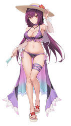 Rule 34 | 1girl, alternate costume, bikini, breasts, choker, fate/grand order, fate (series), food, full body, hair between eyes, haoni, holding, holding food, jewelry, large breasts, bridal garter, long hair, navel, necklace, popsicle, purple bikini, purple hair, red eyes, sandals, scathach (fate), scathach skadi (fate), shrug (clothing), shrugging, simple background, solo, standing, swimsuit, white background