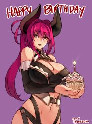 Rule 34 | 1girl, bare shoulders, birthday cake, borrowed character, breasts, cake, cleavage, cleavage cutout, clothing cutout, cupcake, cupping hands, demon girl, detached sleeves, food, hair intakes, happy birthday, heart, heart-shaped pupils, horns, huge breasts, junkpuyo, large breasts, lips, long hair, navel, original, own hands together, parted lips, purple background, purple hair, red hair, smile, solo, symbol-shaped pupils, tsunoko