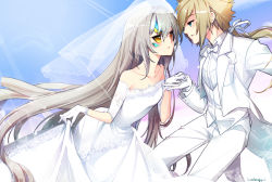 Rule 34 | 1boy, 1girl, artist name, bad id, bad pixiv id, bare shoulders, blonde hair, blue eyes, blue sky, blush, bow, bowtie, breasts, bridal gauntlets, bridal veil, bride, chung seiker, code: battle seraph (elsword), collarbone, collared shirt, couple, day, dress, dress shirt, elsword, eve (elsword), eye contact, eyelashes, floating hair, forehead jewel, formal, from side, gem, gloves, grey hair, hair between eyes, hand grab, hetero, icedango (dpopic3), jacket, lace, lace-trimmed dress, lace-trimmed gloves, lace trim, leaning forward, lens flare, light particles, light rays, long hair, long sleeves, looking at another, low ponytail, off-shoulder dress, off shoulder, pants, parted lips, profile, ribbon, see-through, shirt, sidelocks, skirt hold, sky, small breasts, standing, tactical trooper (elsword), tailcoat, tiara, traditional bowtie, tuxedo, veil, very long hair, wedding, wedding dress, white bow, white bowtie, white dress, white gloves, white hair, white jacket, white pants, white ribbon, white shirt, yellow eyes