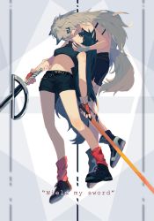 Rule 34 | 2girls, alternate costume, animal ears, ankle boots, arknights, arm grab, bandeau, black footwear, black hair, black shirt, black shorts, boots, crop top, dual wielding, fingerless gloves, full body, gloves, grey gloves, grey hair, hair ornament, hairclip, highres, holding, holding sword, holding weapon, imminent kiss, lappland (arknights), long hair, material growth, messy hair, multiple girls, oripathy lesion (arknights), red socks, shirt, shoes, shorts, socks, sword, tail, texas (arknights), very long hair, weapon, white bandeau, wolf ears, wolf tail, xiao lu, yuri