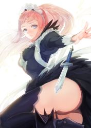 Rule 34 | 1girl, blue eyes, closed mouth, dagger, felicia (fire emblem), fire emblem, fire emblem fates, highres, juliet sleeves, knife, kokouno oyazi, long hair, long sleeves, maid, maid headdress, nintendo, panties, pink hair, ponytail, puffy sleeves, simple background, solo, underwear, weapon, white background