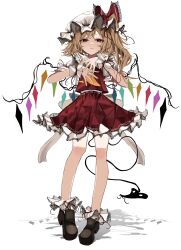 Rule 34 | 1girl, absurdres, ascot, black footwear, blonde hair, closed mouth, collared shirt, crystal, flandre scarlet, full body, hat, highres, long hair, looking at viewer, mob cap, one side up, orange ascot, ougiikun, puffy short sleeves, puffy sleeves, red eyes, red skirt, red vest, shirt, shoes, short sleeves, simple background, skirt, solo, touhou, vest, white background, white hat, white shirt, wings, wrist cuffs