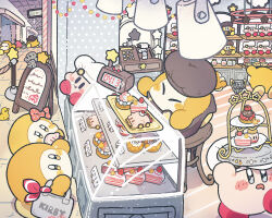 Rule 34 | bag, bird, blush stickers, bow, cafe, cake, cake slice, car-mouth cake, cash register, chef hat, chick, clock, closed eyes, colored skin, creature, cupcake, digital clock, food, fruit, glass, harukui, hat, highres, holding, holding tray, indoors, kirby, kirby (series), kirby cafe, menu board, nintendo, open mouth, pink bow, pink skin, polka dot, polka dot bow, scenery, shelf, sitting, star (symbol), stool, strawberry, stuffed toy, tiered tray, tray, waddle dee, wide shot, yellow skin