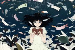 Rule 34 | 1girl, air bubble, black hair, blue eyes, book, bookmark, bubble, commentary, dress, floating hair, glasses, holding, holding book, long hair, open book, original, reading, serious, solo, surreal, underwater, upper body, white dress, yajirushi (chanoma)