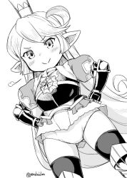 Rule 34 | 1girl, armor, black thighhighs, breastplate, charlotta (granblue fantasy), crown, curly hair, granblue fantasy, greyscale, hands on own hips, harvin, jingai modoki, long hair, monochrome, no pants, panties, pointy ears, shirt, smile, solo, thighhighs, underwear, white panties