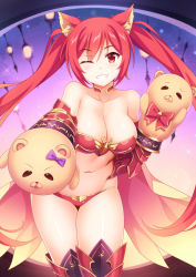 Rule 34 | 10s, 1girl, ;), animal ears, armor, bare shoulders, bikini armor, blush, breasts, cerberus (shingeki no bahamut), cleavage, collarbone, cowboy shot, dog ears, granblue fantasy, grin, hand puppet, large breasts, long hair, looking at viewer, mmrailgun, navel, one eye closed, puppet, red armor, red eyes, red hair, shadowverse, shingeki no bahamut, smile, solo, stomach, thighhighs, twintails, very long hair