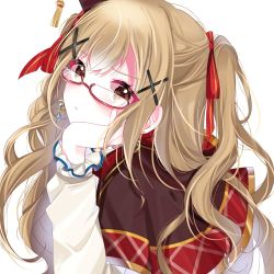 Rule 34 | 1girl, alternate hairstyle, bad id, bad twitter id, bang dream!, blonde hair, blush, brown eyes, chiyosama, commentary, dot nose, dress, earrings, frilled sleeves, frills, glasses, hair ornament, hair ribbon, hairclip, hand on own cheek, hand on own face, hand on own head, ichigaya arisa, jewelry, long hair, long sleeves, looking at viewer, parted lips, red ribbon, ribbon, simple background, solo, tassel, upper body, wavy hair, white background, x hair ornament