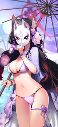 Rule 34 | 1girl, absurdres, animal ears, bead bracelet, beads, bikini, black hair, blue archive, blunt bangs, bracelet, breasts, cleavage, commentary request, eyes visible through hair, eyeshadow, flower, fox ears, fox girl, fox mask, fox tail, hair between eyes, hair flower, hair ornament, halo, highres, holding, holding mask, holding umbrella, jewelry, large breasts, long hair, looking at viewer, makeup, mamo (user jjca7524), mask, navel, official alternate costume, oil-paper umbrella, purple bikini, sidelocks, smile, solo, stomach, swimsuit, tail, thighlet, umbrella, wakamo (blue archive), wakamo (swimsuit) (blue archive)