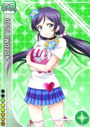 Rule 34 | 10s, 1girl, aqua eyes, blue skirt, blush, breast hold, breasts, card (medium), character name, choker, crossed arms, diamond (shape), flower, gradient background, green background, hair flower, hair ornament, happy maker!, heart, idol, long hair, looking at viewer, love live!, love live! school idol festival, love live! school idol project, low twintails, official art, parted bangs, plaid, plaid skirt, pleated skirt, purple hair, scrunchie, shirt, short sleeves, skirt, smile, solo, sparkle, standing, star (symbol), tojo nozomi, twintails, white shirt