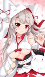 Rule 34 | :3, absurdres, animal ears, azur lane, bad id, bad pixiv id, bare shoulders, breasts, clothing cutout, collar, detached sleeves, dog ears, fang, fang out, grey hair, hayana neru, heart, highres, hood, large breasts, long hair, nail art, nail polish, petals, pink nails, pom pom (clothes), red eyes, short eyebrows, slit pupils, smile, solo, torpedo, underboob, underboob cutout, upper body, yuudachi (azur lane), yuudachi (the bride of solomon) (azur lane)