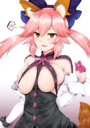 Rule 34 | 1girl, absurdres, animal ear fluff, animal ears, blue ribbon, blush, breasts, cleavage, corset, cosplay, detached sleeves, dress, elizabeth bathory (fate), elizabeth bathory (fate) (cosplay), elizabeth bathory (fate/extra ccc), elizabeth bathory (first ascension) (fate), fate/grand order, fate (series), fox ears, fox tail, hair ribbon, highres, large breasts, looking at viewer, open mouth, pink hair, plaid, plaid skirt, ribbon, simple background, skirt, solo, speech bubble, tail, tamamo (fate), tamamo no mae (fate/extra), white background, yellow eyes, yue (show-ei)