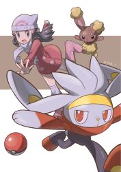 Rule 34 | 1girl, beanie, boots, buneary, clenched hand, coat, commentary request, creatures (company), dated, dawn (pokemon), eyebrows visible through hat, eyelashes, game freak, gen 4 pokemon, gen 8 pokemon, grey eyes, hair ornament, hairclip, hat, highres, leg up, long hair, long sleeves, nintendo, open mouth, over-kneehighs, pink footwear, poke ball, poke ball (basic), pokemon, pokemon (creature), pokemon dppt, pokemon platinum, raboot, sawa (soranosawa), scarf, sidelocks, spread fingers, thighhighs, tongue