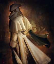 Rule 34 | 1other, ambiguous gender, artist name, feet out of frame, from side, highres, long sleeves, mask, original, outdoors, plague doctor, plague doctor mask, robe, signature, solo, teradiam, tree, white headwear, white robe