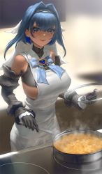 Rule 34 | 1girl, blue eyes, blue hair, blue ribbon, blurry, blurry background, breasts, chain, cooking, covered erect nipples, detached sleeves, dress, food, frying pan, gloves, hair intakes, hololive, hololive english, infi, kitchen, large breasts, looking at viewer, medium hair, ouro kronii, pasta, ribbon, sideboob, smile, solo, steam, stove, underboob, virtual youtuber, white dress