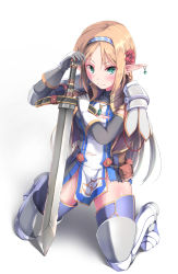 Rule 34 | 1girl, armor, armored boots, blush, boots, braid, breasts, brown hair, chipped sword, earrings, elbow gloves, elf, flower, frown, full body, gloves, greaves, green eyes, hair flower, hair ornament, hairband, highres, jewelry, kneeling, knight, long hair, looking at viewer, maimu (gol-em-1226), medium breasts, original, pauldrons, pendant, pointy ears, pouch, shoulder armor, simple background, solo, sword, tears, thighhighs, torn clothes, weapon, white background, zettai ryouiki