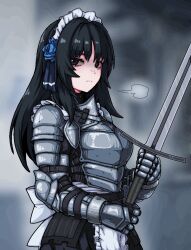 Rule 34 | 1girl, apron, armor, black eyes, black hair, breastplate, breath, formicid, gauntlets, hair ribbon, holding, holding sword, holding weapon, long hair, looking to the side, maid, maid apron, maid headdress, original, plate armor, ribbon, simple background, solo, sword, two-handed sword, weapon