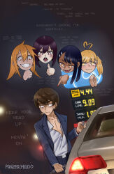 Rule 34 | + +, 1boy, 4girls, ahoge, artist name, blonde hair, blush, brown hair, buttons, car, cigarette, closed mouth, commentary, english commentary, english text, gamou maki, gas pump, gas station, grin, hachiouji naoto, hair between eyes, hair ornament, hairclip, highres, ijiranaide nagatoro-san, long hair, long sleeves, looking away, looking to the side, medium hair, meme, motor vehicle, multiple girls, nagatoro hayase, night, open mouth, orange eyes, orange hair, outdoors, own hands clasped, own hands together, panzermeido, partially unbuttoned, photo-referenced, pointing, pointing at another, purple hair, sakura (nagatoro), sanpaku, smile, upper body, with a car you can go anywhere you want (meme), yellow eyes, yoshi (nagatoro)