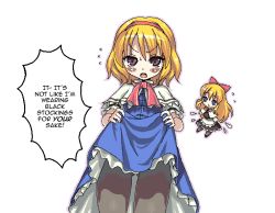 Rule 34 | 2girls, alice margatroid, blonde hair, blush, clothes lift, dress, dress lift, english text, female focus, hairband, hard-translated, multiple girls, pantyhose, shanghai doll, solo, sweatdrop, thighhighs, third-party edit, touhou, translated, tsundere, white background