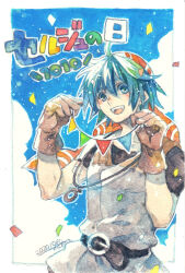 Rule 34 | 1boy, :d, ahoge, bandana, belt, black belt, blue eyes, blue hair, brown gloves, chrono cross, commentary request, confetti, cowboy shot, dated, gloves, hair between eyes, looking at viewer, male focus, open mouth, red bandana, serge (chrono cross), shirt, short hair, signature, smile, solo, streamers, teeth, tokio (okt0w0), upper teeth only, white shirt