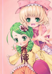 Rule 34 | 2girls, blonde hair, blush, bow, dress, drill hair, green eyes, green hair, hair ornament, hair ribbon, hinaichigo, kanaria, long sleeves, multiple girls, open mouth, outstretched arm, outstretched hand, pink background, pokomi, ribbon, rozen maiden, short hair, siblings, simple background, sisters, sleeves past wrists, smile