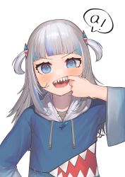Rule 34 | 1girl, a (phrase), absurdres, artist request, blue eyes, blue hair, blue hoodie, blunt bangs, blush, commentary request, cross-laced clothes, drawstring, fish bone, gawr gura, gawr gura (1st costume), grey hair, hair ornament, hand on own hip, hand up, highres, hololive, hololive english, hood, hood down, hoodie, long hair, long sleeves, looking at viewer, mash illust, mouth pull, multicolored clothes, multicolored hair, multicolored hoodie, open mouth, shark hair ornament, shark hoodie, sharp teeth, simple background, solo, streaked hair, teeth, tongue, two side up, upper body, uvula, v-shaped eyebrows, virtual youtuber, white background, wide sleeves
