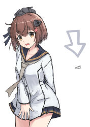 Rule 34 | 1girl, arrow (symbol), black sailor collar, brown eyes, brown hair, covering crotch, covering privates, dress, grey neckerchief, headgear, highres, kantai collection, neckerchief, panties, sailor collar, sailor dress, short hair, simple background, solo, speaking tube headset, underwear, unworn panties, white background, white dress, yuki 4040, yukikaze (kancolle), yukikaze kai ni (kancolle)