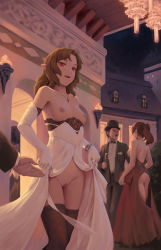 Rule 34 | 2boys, 2girls, ass, bare shoulders, bigrbear, black legwear, bow, bowtie, bracelet, breastless clothes, breasts, breasts apart, brown hair, cleft of venus, clothed male nude female, collarbone, cowboy shot, dress, elbow gloves, evening gown, exhibitionism, facial hair, fangs, formal, gloves, highres, jewelry, looking at viewer, medium breasts, medium hair, multiple boys, multiple girls, mustache, necklace, night, nipples, no panties, nude, open mouth, original, outdoors, pointy ears, public indecency, pussy, red dress, red eyes, small breasts, standing, thighhighs, topless, uncensored, white dress, white gloves, zenra