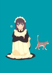 Rule 34 | 1girl, 3:, animal, apron, arm rest, black dress, black hair, blue background, blue eyes, blunt bangs, blush, bob cut, cat, closed mouth, collared dress, countdown, crossed arms, dot nose, dress, eyes visible through hair, facing viewer, frilled apron, frilled hairband, frills, full body, furrowed brow, hairband, juliet sleeves, long dress, long sleeves, looking to the side, maeya susumu, maid, maid-san wa taberu dake, maid apron, maid headdress, puffy sleeves, short hair, signature, simple background, solo, speech bubble, spoken number, squatting, striped, suzume (maid-san wa taberu dake), tareme, v-shaped eyebrows, wavy mouth, white apron, white hairband, wing collar