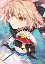 Rule 34 | &gt;:), &gt; &lt;, 2girls, :d, bad id, bad pixiv id, black bow, black hair, black scarf, blonde hair, bow, carrying, carrying under arm, chibi, closed eyes, closed mouth, crest, family crest, fate (series), hair between eyes, hair bow, haori, hat, japanese clothes, karokuchitose, keikenchi (style), kimono, koha-ace, multiple girls, oda nobunaga (fate), oda nobunaga (koha-ace), okita souji (fate), okita souji (koha-ace), open mouth, peaked cap, petals, scarf, shinsengumi, short kimono, smile, upper body, v-shaped eyebrows, white kimono