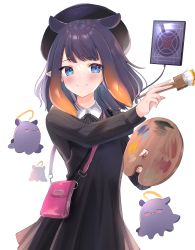 Rule 34 | 1girl, absurdres, ao-chan (ninomae ina&#039;nis), bag, beret, black dress, black hat, blue eyes, blunt bangs, dress, handbag, hat, highres, holding, hololive, hololive english, huge filesize, long hair, long sleeves, looking at viewer, maru ccy, multicolored hair, ninomae ina&#039;nis, ninomae ina&#039;nis (casual), official alternate costume, paintbrush, painting (action), palette (object), pointy ears, purple hair, smile, solo, tablet pc, takodachi (ninomae ina&#039;nis), tentacle hair, tentacles, virtual youtuber