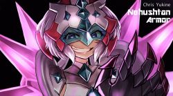 Rule 34 | 1girl, armor, black background, character name, chupirinko, clawed gauntlets, commentary, english text, gauntlets, gloves, goggles, goggles around neck, half-closed eyes, headgear, highres, long hair, looking at viewer, pauldrons, pink hair, purple eyes, purple gloves, senki zesshou symphogear, senki zesshou symphogear xd unlimited, shoulder armor, smirk, solo, spikes, twintails, v-shaped eyebrows, yukine chris