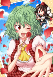 Rule 34 | 2girls, ;d, ahoge, ascot, black skirt, black wings, blush, breasts, brown hair, chibi, dress shirt, fang, female focus, flower, frilled skirt, frills, geta, green hair, hat, kazami yuuka, large breasts, mini person, minigirl, mokku, multiple girls, one eye closed, open mouth, outstretched arm, outstretched hand, petals, photo (object), plaid, plaid skirt, plaid vest, red eyes, red flower, red rose, red skirt, rose, shameimaru aya, shirt, short hair, skirt, skirt set, smile, tokin hat, touhou, vest, wings, wink