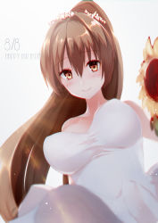Rule 34 | 10s, 1girl, blush, breasts, brown eyes, brown hair, cherry blossoms, closed mouth, collarbone, dated, dress, hair between eyes, hair intakes, happy birthday, kantai collection, large breasts, light rays, long hair, looking at viewer, looking down, ponytail, sakiryo kanna, smile, solo, underbust, very long hair, white dress, yamato (kancolle)