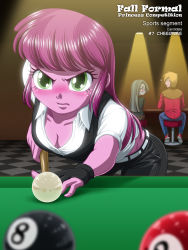 Rule 34 | 1boy, 2girls, angry, big macintosh, billiards, blush, breasts, cheerilee, cleavage, colored skin, green eyes, highres, marble pie, multiple girls, my little pony, my little pony: equestria girls, my little pony: friendship is magic, personification, pink hair, pink skin, tagme, uotapo