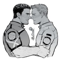 Rule 34 | 2boys, bara, blush, chris redfield, closed mouth, couple, greyscale, highres, jacket, large pectorals, looking at another, male focus, monochrome, monster, multiple boys, muscular, muscular male, noracatr, pectorals, peeking out, piers nivans, resident evil, resident evil 6, shirt, short hair, twitter username, upper body, yaoi