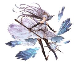 Rule 34 | 10s, 1girl, bare shoulders, barefoot, black thighhighs, blue eyes, bridal gauntlets, dress, feet, floating hair, full body, granblue fantasy, halterneck, holding, ice, light purple hair, lily (granblue fantasy), long hair, minaba hideo, miniskirt, pointy ears, skirt, smile, soles, solo, staff, thighhighs, tiara, toeless legwear, toes, transparent background, white dress, zettai ryouiki