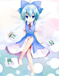 Rule 34 | 1girl, barefoot, blue eyes, blue hair, bow, cirno, dress, frog, frozen, frozen frog, hair bow, hat, ice, matching hair/eyes, neck ribbon, pyonta, ribbon, shichinose, smile, solo, touhou, wings