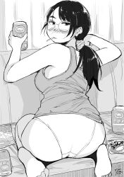 Rule 34 | 1girl, ass, barefoot, beer can, black hair, blush, breasts, can, drink can, greyscale, hadashi no kenji, hair ornament, hair scrunchie, highres, holding, holding can, indoors, looking back, monochrome, mouth hold, original, panties, ponytail, scrunchie, sitting, small breasts, solo, underwear, wariza, white panties