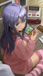 Rule 34 | 1girl, animal crossing, bad id, bad pixiv id, blue eyes, blue hair, blush, book, bookshelf, commentary request, controller, famicom, famicom cartridge, famicom gamepad, foot out of frame, game console, game controller, hair between eyes, highres, holding, holding controller, holding game controller, hood, hoodie, idolmaster, idolmaster million live!, indoors, long hair, long sleeves, looking at viewer, looking back, md5 mismatch, mochizuki anna, nintendo, nintendo switch, notepad, parted lips, pencil, pink hoodie, pink thighhighs, playing games, resolution mismatch, sitting, solo, source smaller, striped clothes, striped thighhighs, thighhighs, wariza, white thighhighs, wooden floor, yoropa