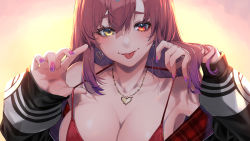 Rule 34 | 1girl, :p, absurdres, bikini, black jacket, breasts, cleavage, hair between eyes, halterneck, heart, heart necklace, heterochromia, highres, hololive, houshou marine, houshou marine (summer), jacket, jewelry, large breasts, long hair, long sleeves, mikan (chipstar182), multicolored nails, nail polish, necklace, open clothes, open jacket, puffy long sleeves, puffy sleeves, red bikini, red eyes, red hair, solo, swimsuit, tongue, tongue out, upper body, virtual youtuber, yellow eyes