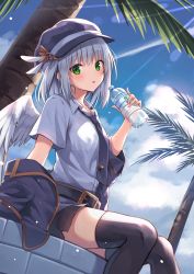 Rule 34 | 1girl, :o, absurdres, angel wings, belt, black thighhighs, blue necktie, blue shorts, blush, bottle, cloud, coat, unworn coat, collared shirt, commentary request, day, feet out of frame, green eyes, grey hair, hair between eyes, hat, hat ornament, highres, holding, kure~pu, light rays, looking at viewer, medium hair, necktie, open mouth, original, oshirase-chan (kure~pu), outdoors, palm tree, shirt, short sleeves, shorts, sitting, sky, solo, sunlight, sweat, thighhighs, tree, water bottle, white shirt, white wings, wings