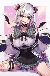 Rule 34 | 1girl, bare shoulders, belt, black belt, black choker, black skirt, blush, border, breasts, choker, cleavage, commentary, demon girl, demon wings, double bun, dress shirt, feet out of frame, fishnet thighhighs, fishnets, frilled skirt, frills, hair bun, heart o-ring, high-waist skirt, highres, indie virtual youtuber, jacket, large breasts, long hair, looking at viewer, medium hair, miniskirt, muco lita, multicolored hair, o-ring, o-ring choker, off shoulder, open clothes, open jacket, open mouth, orange eyes, outside border, pink background, pink hair, shirt, single thighhigh, sitting, skirt, sleeves past fingers, sleeves past wrists, smile, solo, suou patra, thighhighs, underbust, virtual youtuber, white border, white jacket, white shirt, wings