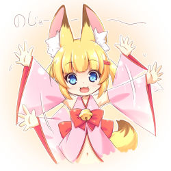 Rule 34 | 1girl, afterimage, animal ear fluff, animal ears, bell, blonde hair, blue eyes, detached sleeves, fang, fox ears, fox tail, hair ornament, hairclip, kemomimi oukoku kokuei housou, kuwada yuuki, long hair, mikoko (kemomimi oukoku kokuei housou), navel, open mouth, pink shirt, shirt, smile, solo, tail, twintails, upper body, virtual youtuber, waving arms