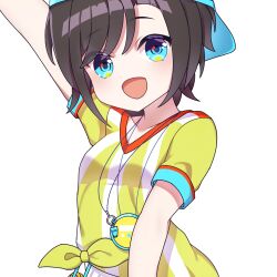 Rule 34 | 1girl, arm up, blue eyes, brown hair, cross (vgne4542), hat, highres, hololive, looking at viewer, oozora subaru, oozora subaru (1st costume), open mouth, shirt, short hair, smile, solo, stopwatch, stopwatch around neck, striped clothes, striped shirt, vertical-striped clothes, vertical-striped shirt, virtual youtuber, watch, yellow shirt