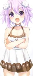 Rule 34 | 1girl, :d, absurdres, bare shoulders, bimmy, blanc (neptunia), blanc (neptunia) (cosplay), blush, breasts, choker, choujigen game neptune, cleavage, cosplay, cowboy shot, crossed arms, d-pad, d-pad hair ornament, dress, hair between eyes, hair ornament, happy, highres, looking at viewer, medium hair, neptune (neptunia), neptune (series), open mouth, purple eyes, purple hair, small breasts, smile, solo, spaghetti strap, white dress