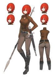 Rule 34 | 1girl, belt, boots, casual, character sheet, commentary request, contrapposto, cross-laced footwear, expressions, frown, full body, grin, hair ornament, hairclip, hand on own hip, highres, holding, holding polearm, holding spear, holding weapon, jun (navigavi), looking at viewer, multiple views, original, pants, polearm, red eyes, red hair, sad, sheath, shirt, short hair, smile, spear, spear (navigavi), sword, weapon, white background