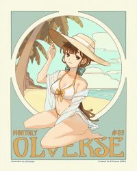 Rule 34 | 1girl, artist name, bare legs, bare shoulders, barefoot, beach, bikini, blue bow, blue shirt, blue sky, bow, bow bikini, breasts, brown eyes, brown hair, brown hat, cleavage, closed mouth, collarbone, commentary, cover, english commentary, fei (fayappa), full body, hair bow, hand up, hat, highres, linea alba, long hair, looking at viewer, magazine cover, medium breasts, ocean, off shoulder, open clothes, open shirt, original, outdoors, palm tree, shirt, sitting, sky, solo, sun hat, swimsuit, tree, wariza, white bikini, yellow bow