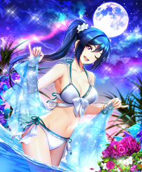 Rule 34 | 1girl, aurora, bangle, bikini, blue hair, blush, bracelet, breasts, commentary, eu (euspia), flower, full moon, jewelry, large breasts, long hair, looking at viewer, love live!, love live! school idol festival, love live! sunshine!!, matsuura kanan, moon, navel, one eye closed, open mouth, ponytail, purple eyes, revision, sarong, smile, solo, sparkle, swimsuit, wading, white bikini