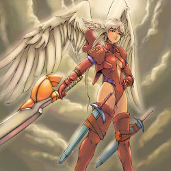 Rule 34 | 1girl, angel wings, arm strap, bad id, bad pixiv id, blunt bangs, bodysuit, boots, breasts, cleavage, cleavage cutout, clothing cutout, cloud, emblem, final fantasy, final fantasy tactics, from below, frown, gloves, groin, hand on own hip, head wings, highleg, highleg leotard, hip focus, holding, holding weapon, leotard, long hair, looking at viewer, medium breasts, momigara (mmgrkmnk), multiple swords, nawashiro, outdoors, ozzio, parted bangs, puffy sleeves, red eyes, red leotard, red thighhighs, sideboob, sky, solo, standing, sword, thigh boots, thigh strap, thighhighs, turtleneck, twintails, ultima (fft), very long hair, weapon, white hair, wings, zipper